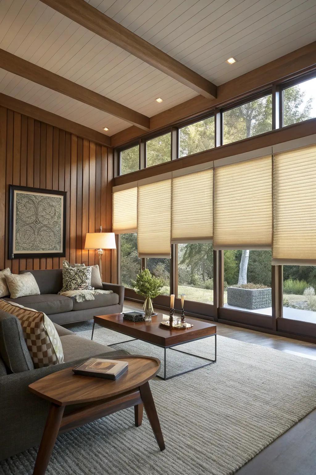 Honeycomb shades offer style and energy efficiency in mid-century homes.