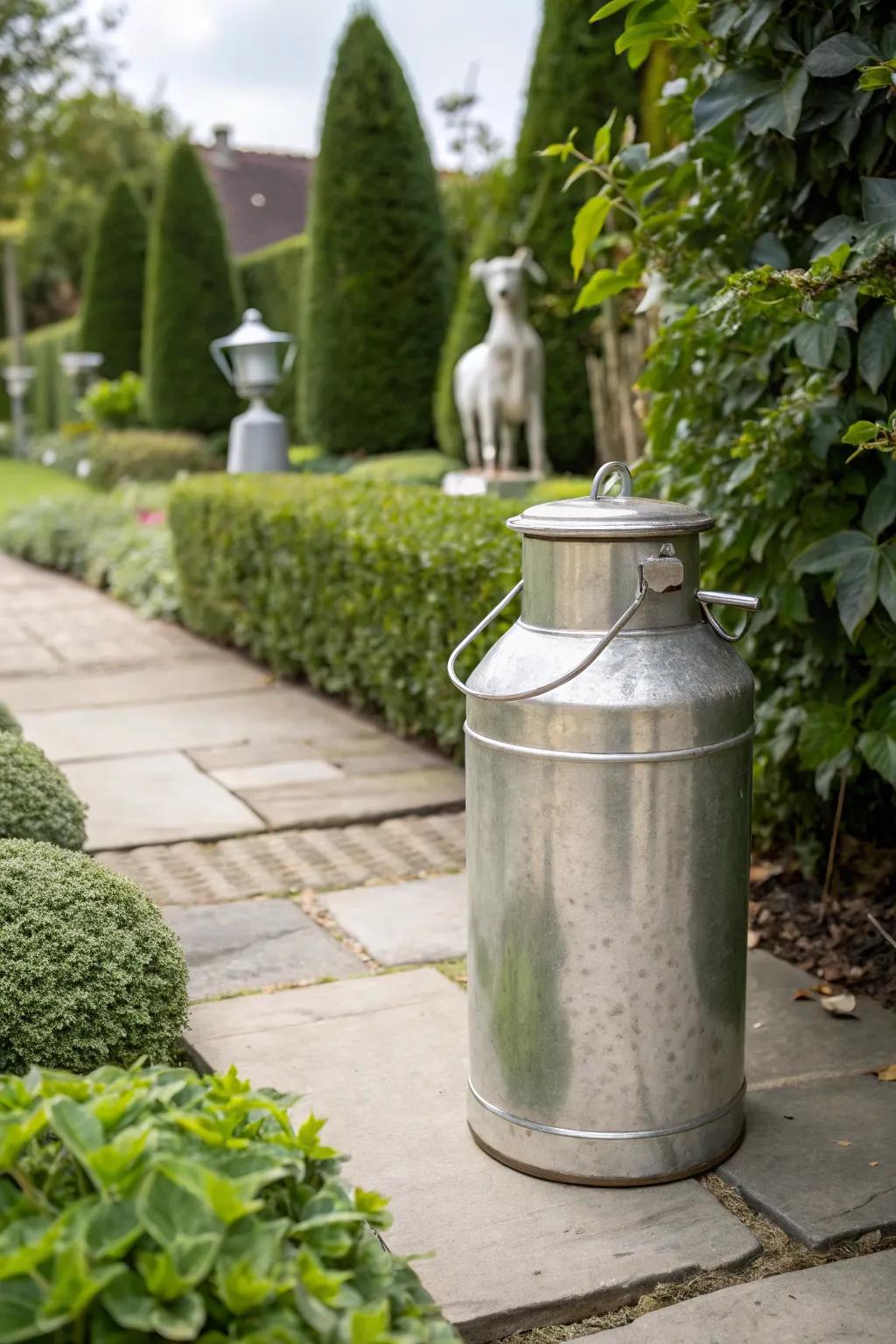 Metallic finishes add a modern twist to a vintage milk can.