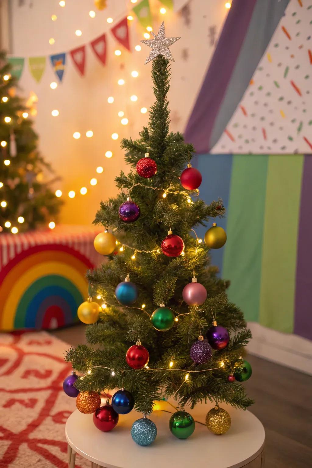 A colorful mini Christmas tree with rainbow ornaments.