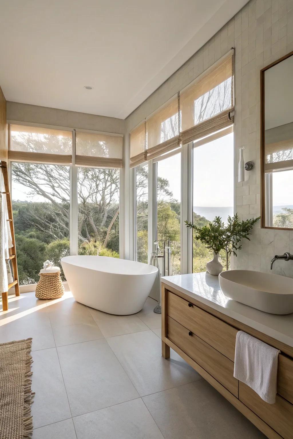 A minimalist bathroom bathed in natural light.