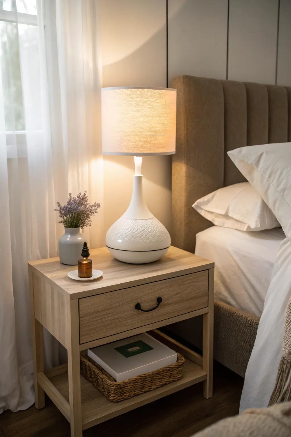 A diffuser adds serenity and a spa-like atmosphere.