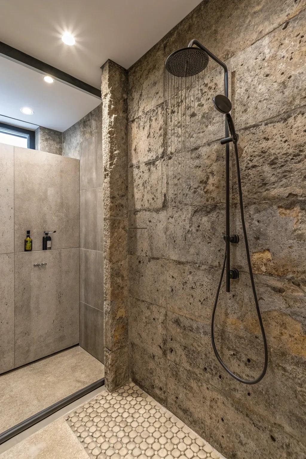 A unique shower featuring a mix of textured concrete finishes.