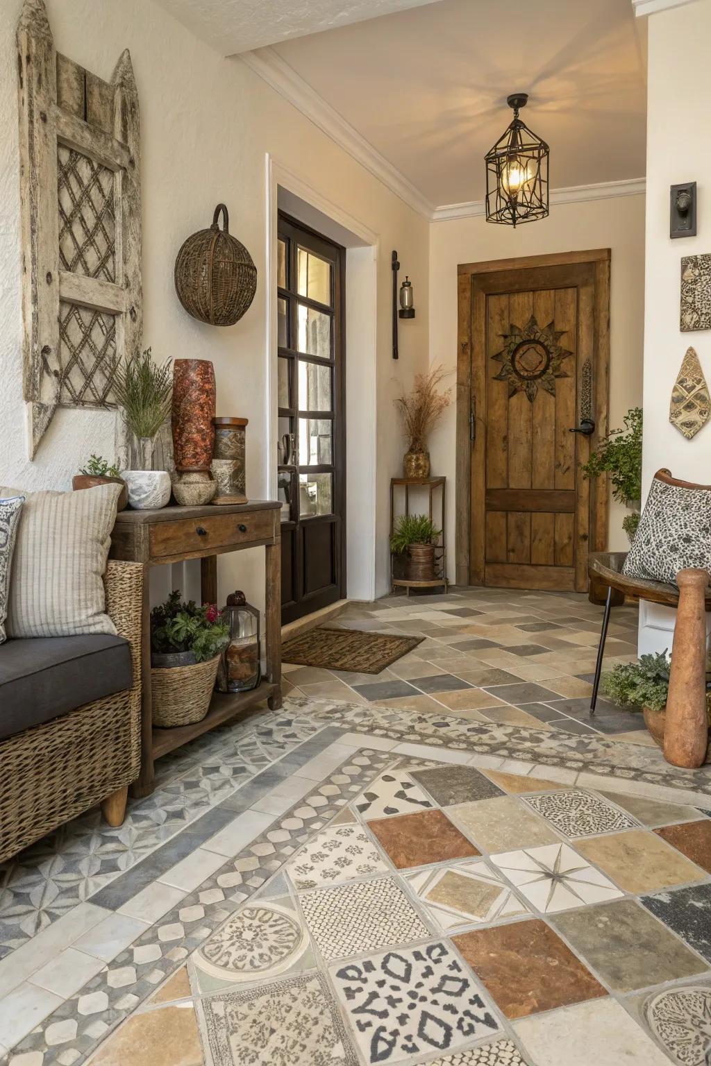 Mixed material tiles create an eclectic and personalized entryway.