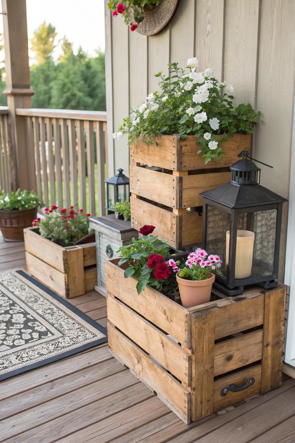 Wooden crates add rustic charm and dimension.