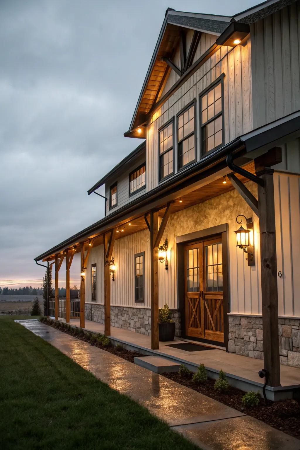 Accent lights emphasize the unique architecture of this farmhouse home.