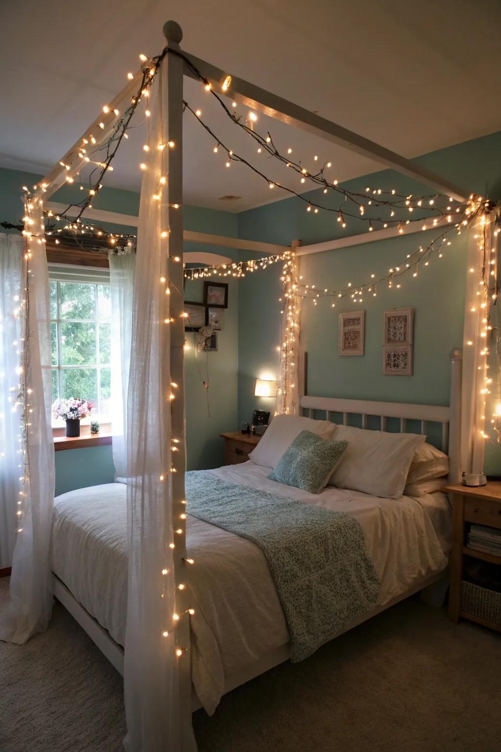 Fairy lights adding a magical, whimsical ambiance to the bedroom.