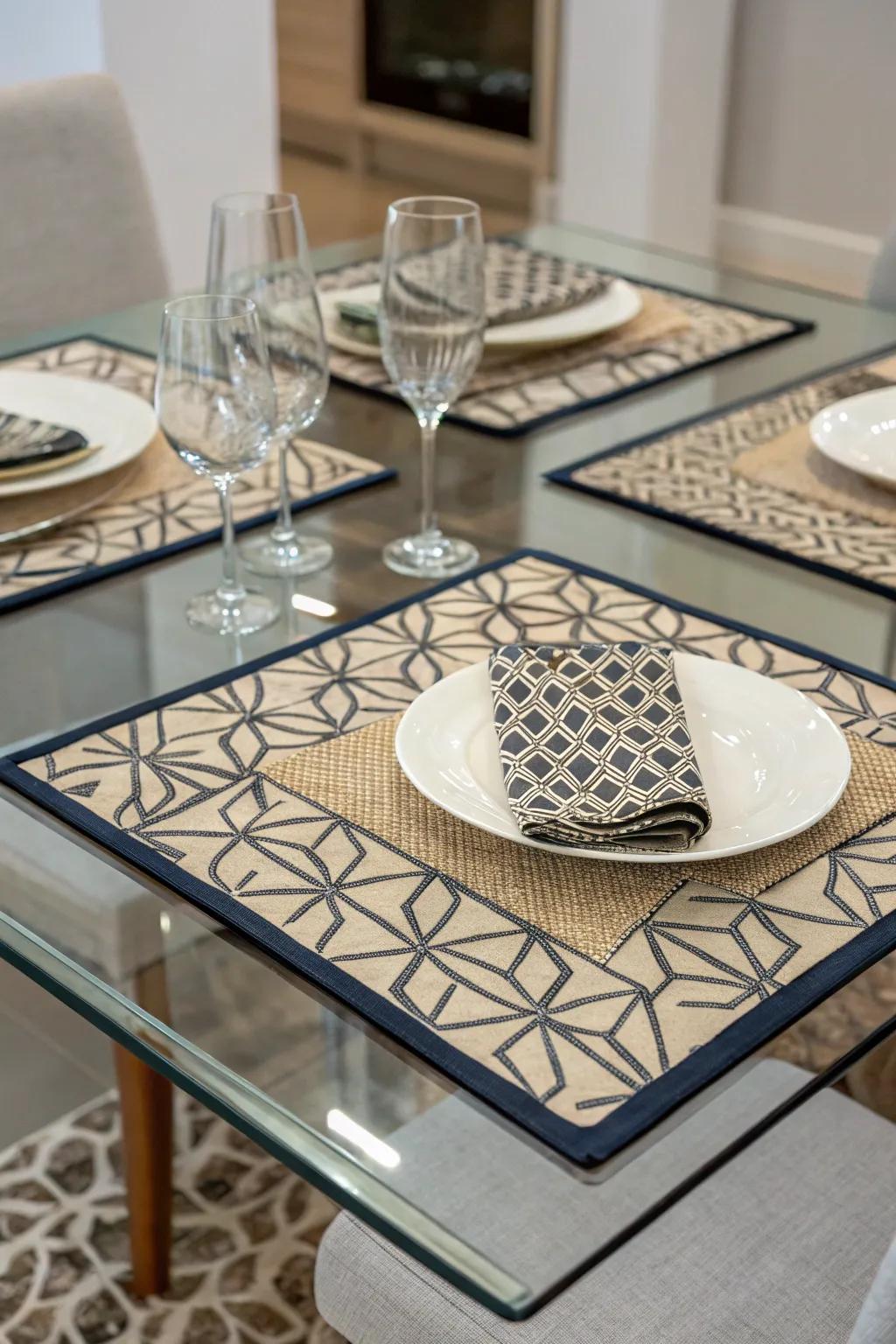 Geometric patterns add a modern touch to a glass dining table decor.