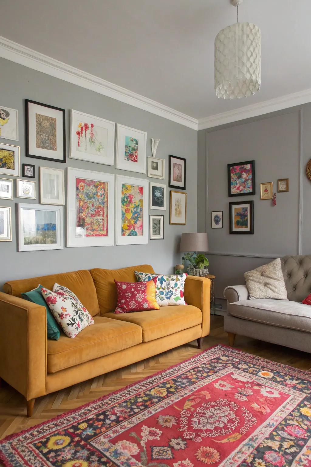 Gray walls provide a neutral backdrop for showcasing artwork.