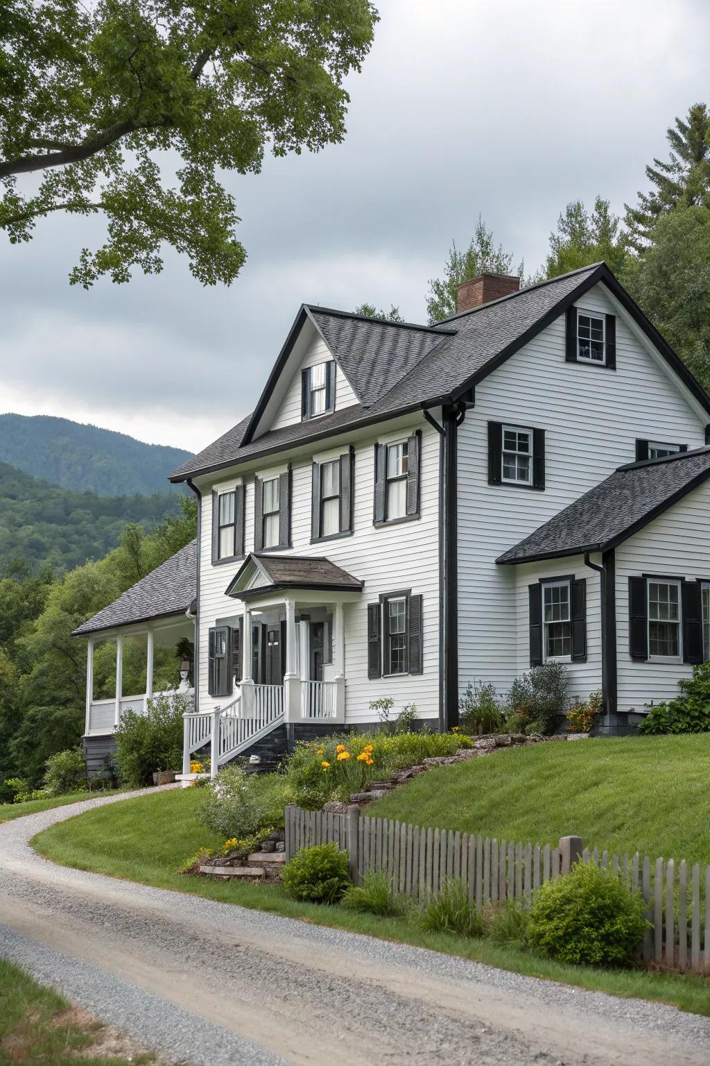 A traditional house with modern grey and black trim, set in a charming landscape.