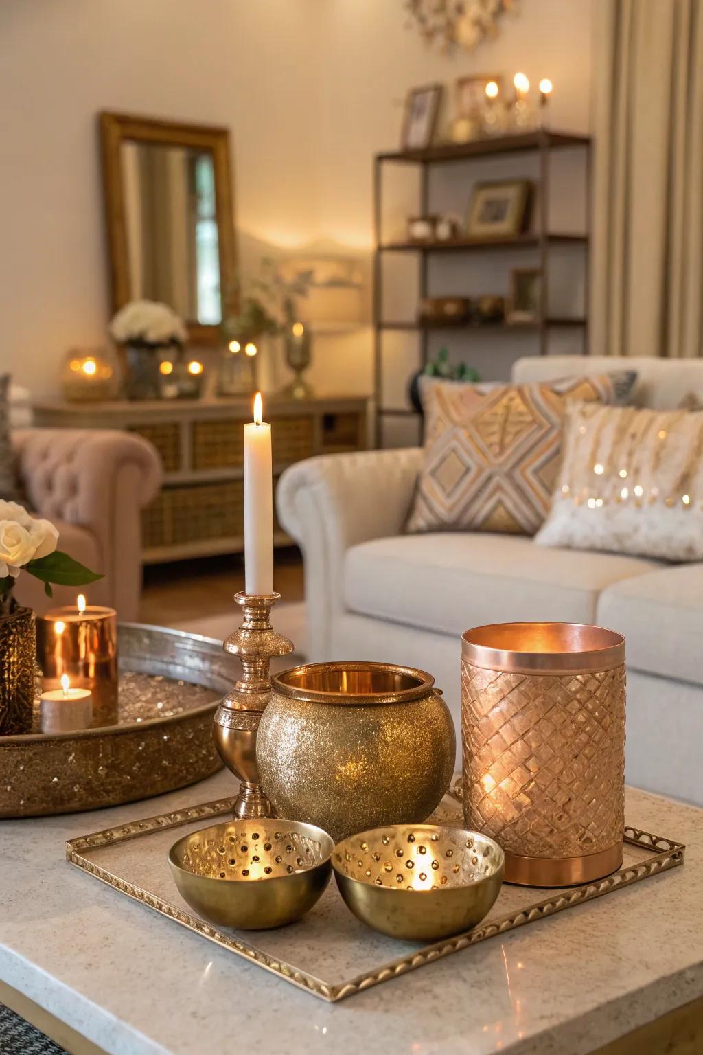 Metallic accents add a touch of glamour and sparkle to the living room.