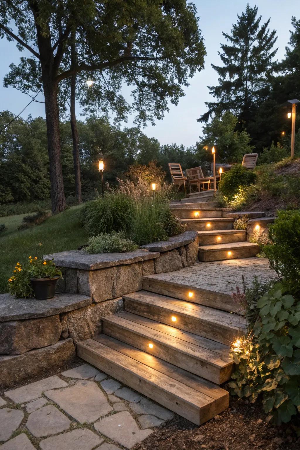 Wooden step lights adding rustic charm to outdoor steps.