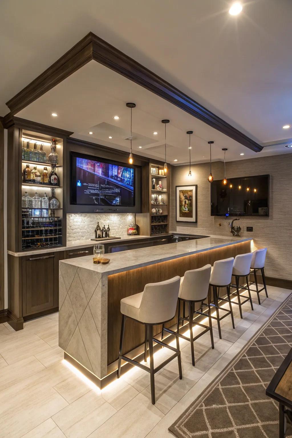 A high-tech haven L-shaped bar with smart features.