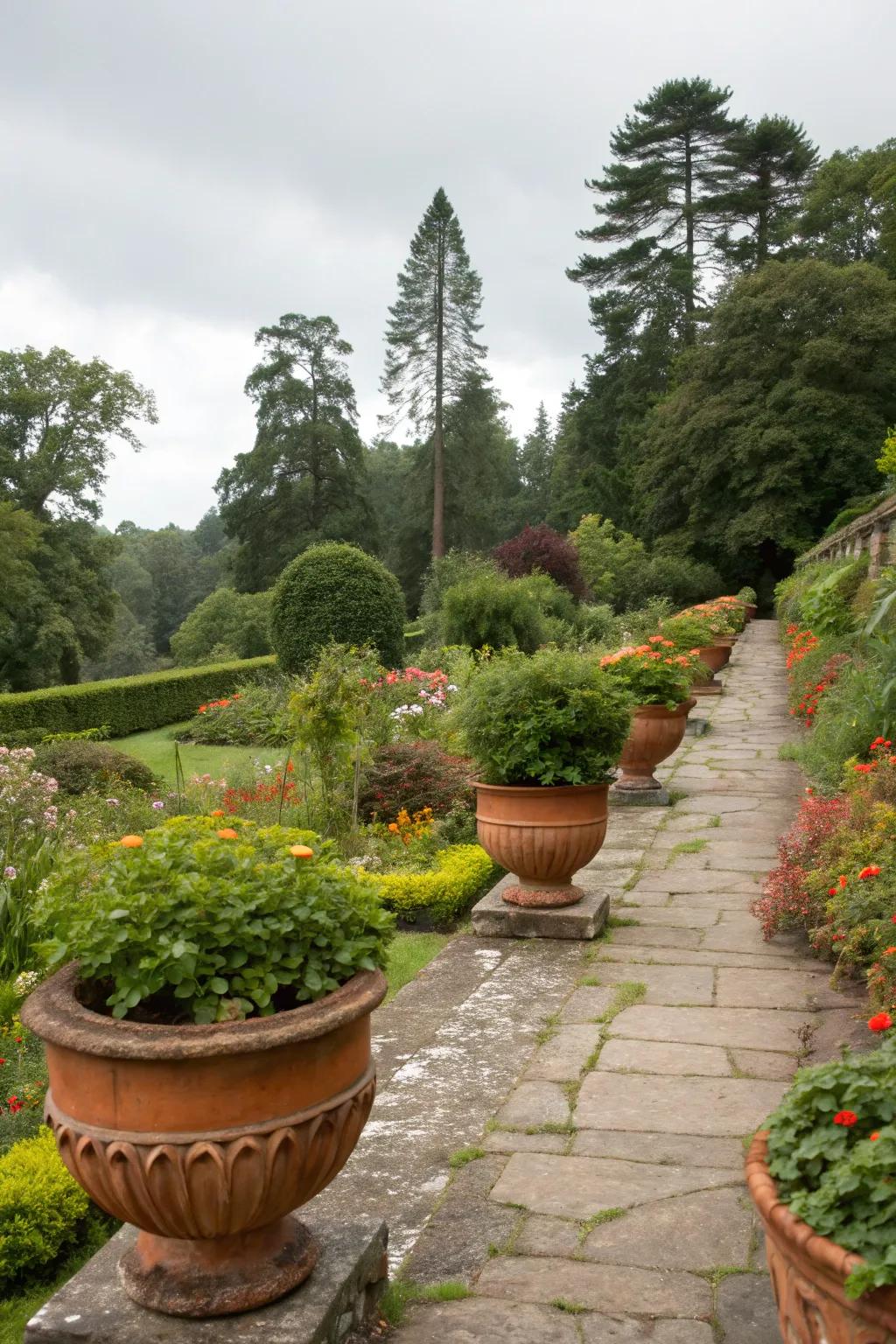 Terracotta planters offer timeless elegance.