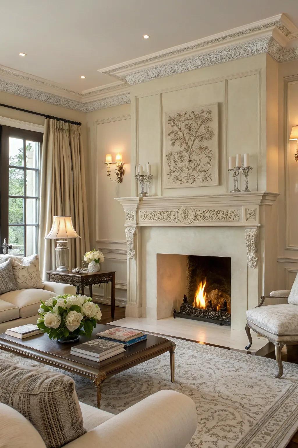 Subtle ornamentation on a plaster fireplace adds refined elegance.