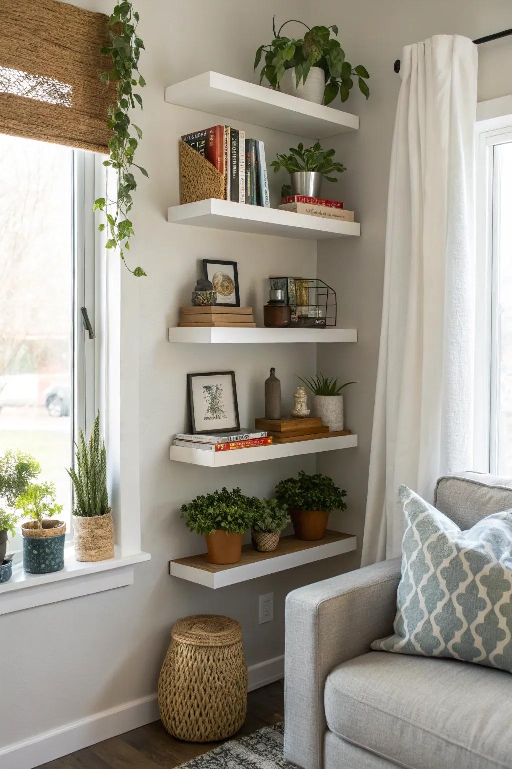 Floating corner shelves utilize space creatively.