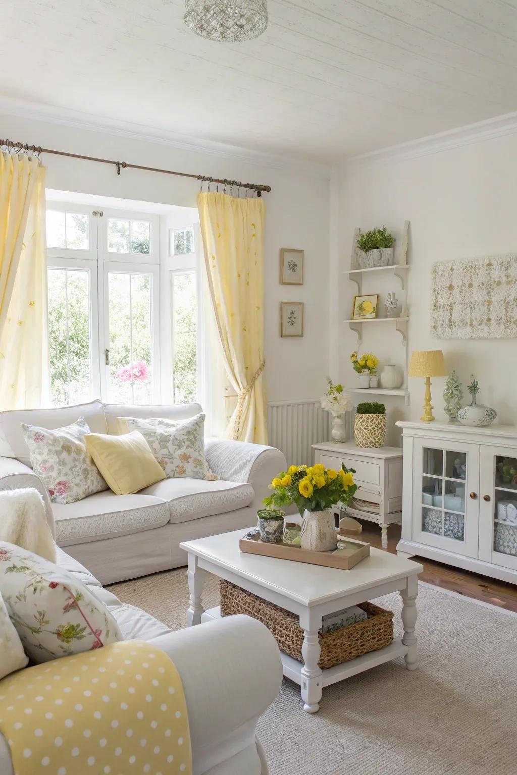 White and pastel yellow create a soft and airy atmosphere in the living room.