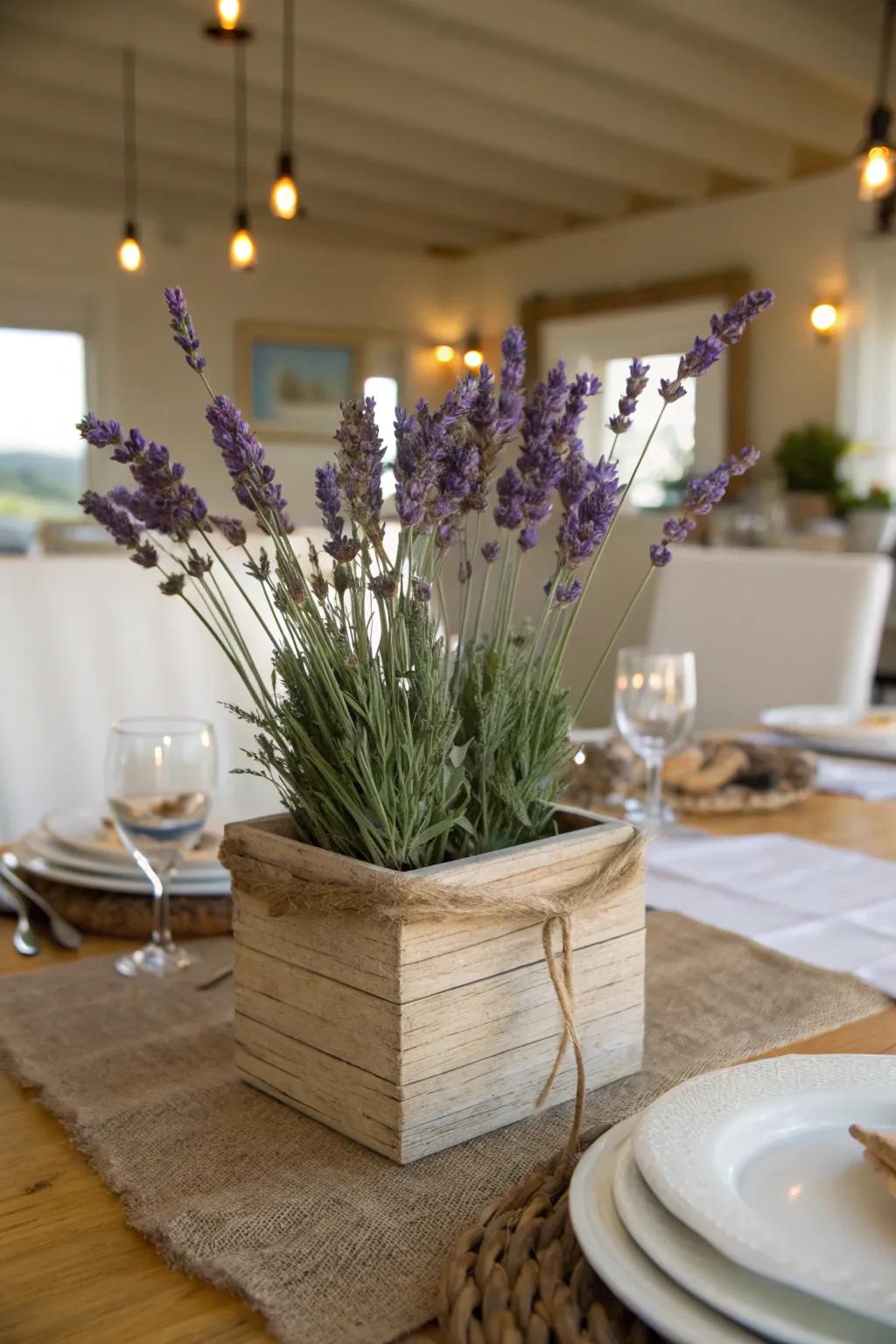 A lavender field centerpiece offers a calming and fragrant touch for Mother's Day.