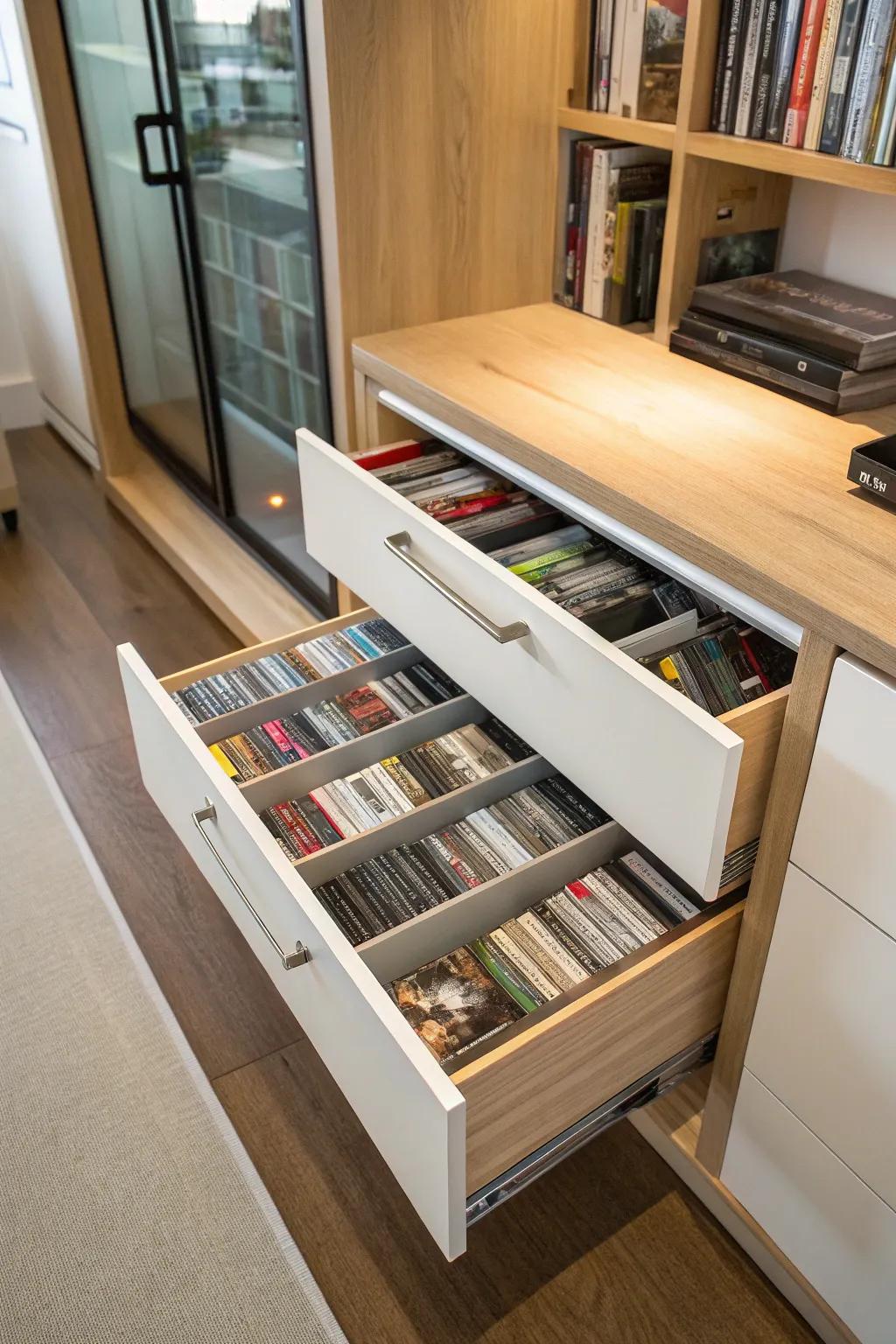 Drawer dividers providing neat and organized storage for DVDs.