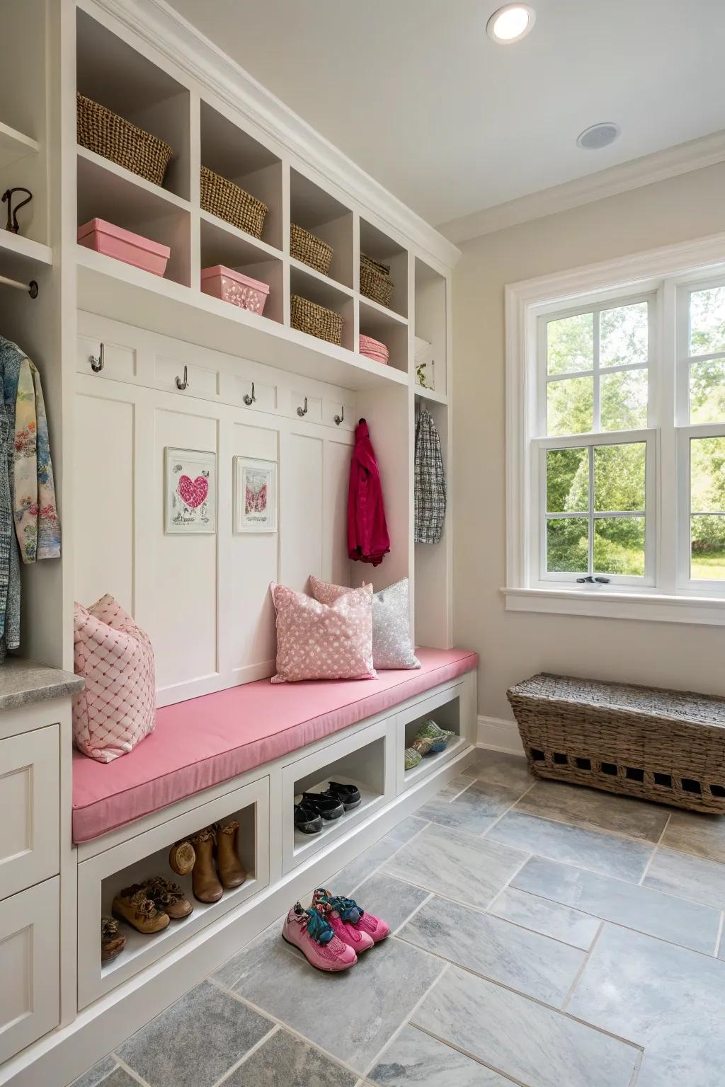 Multi-functional benches enhance space efficiency in mudroom-laundry combinations.