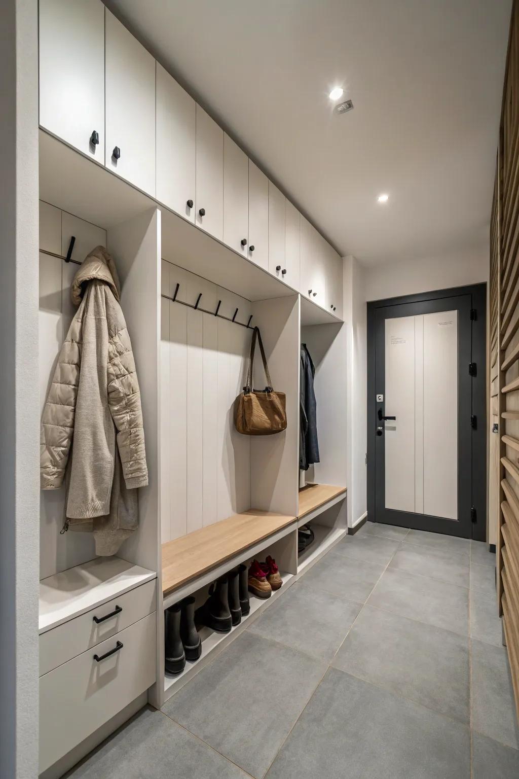 A minimalist mudroom provides a calming and efficient environment.