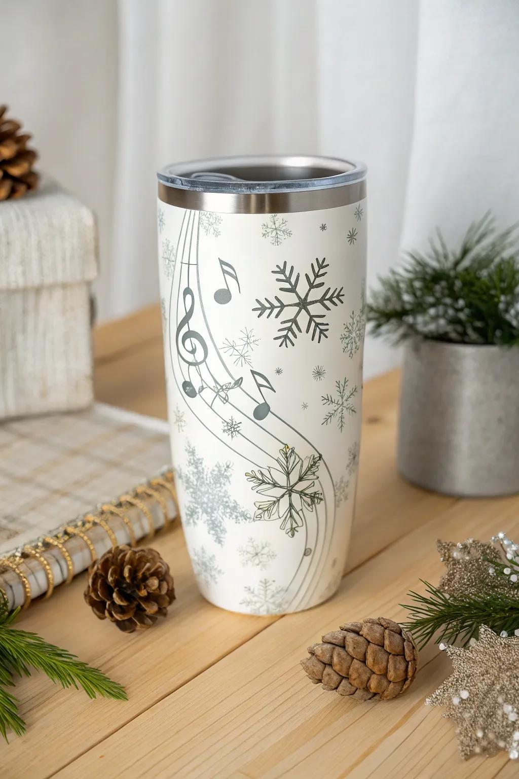 Embrace the cozy charm of winter with a tumbler that sings of seasonal serenades.