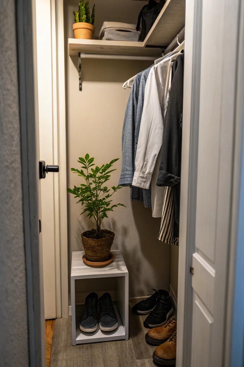 A touch of greenery brings freshness to the closet space.