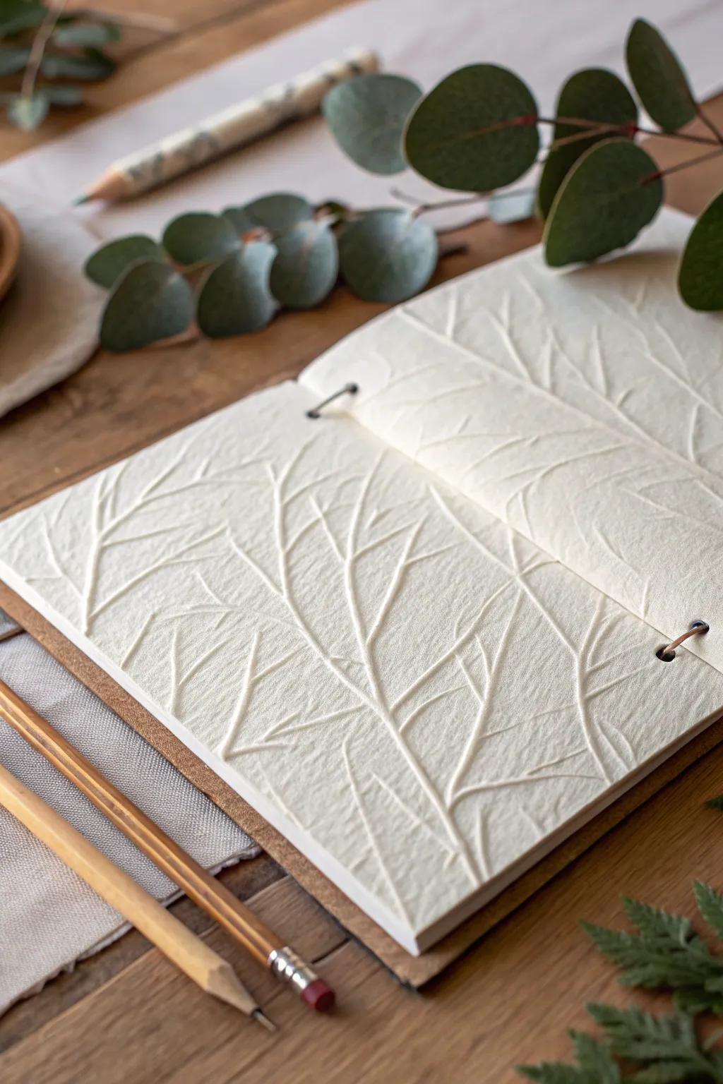 Capture nature's beauty with textured rubbings in your minimalist scrapbook.