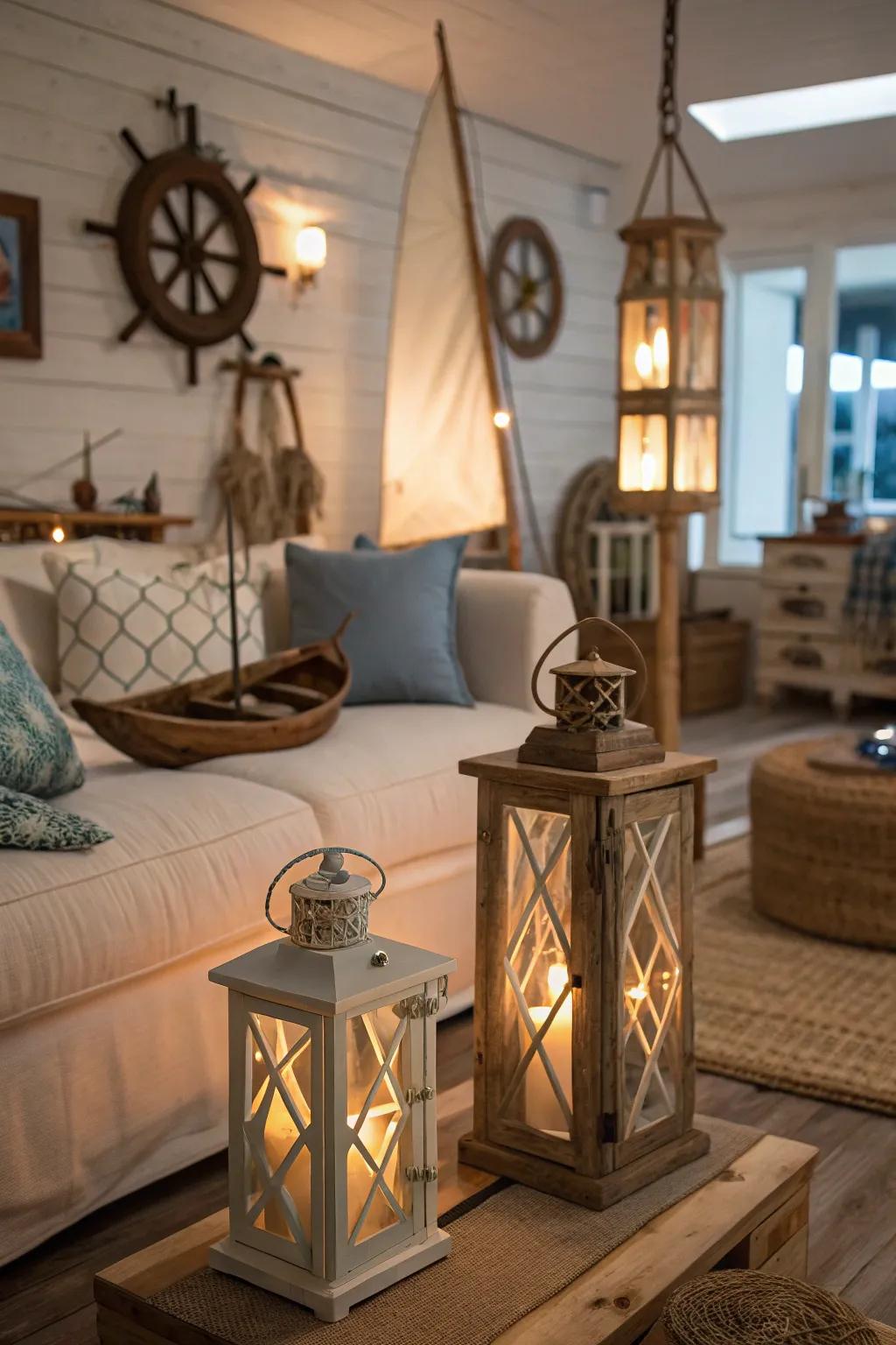 Nautical lanterns provide ambient lighting and evoke old-world charm.