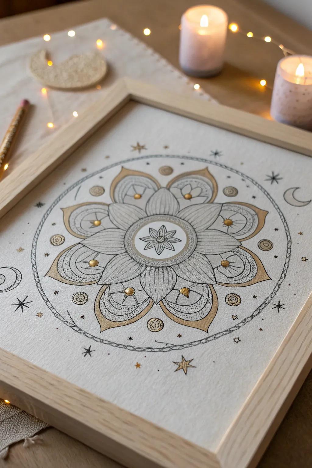 Discover serenity with this cosmic mandala, where the night sky meets artistic meditation.