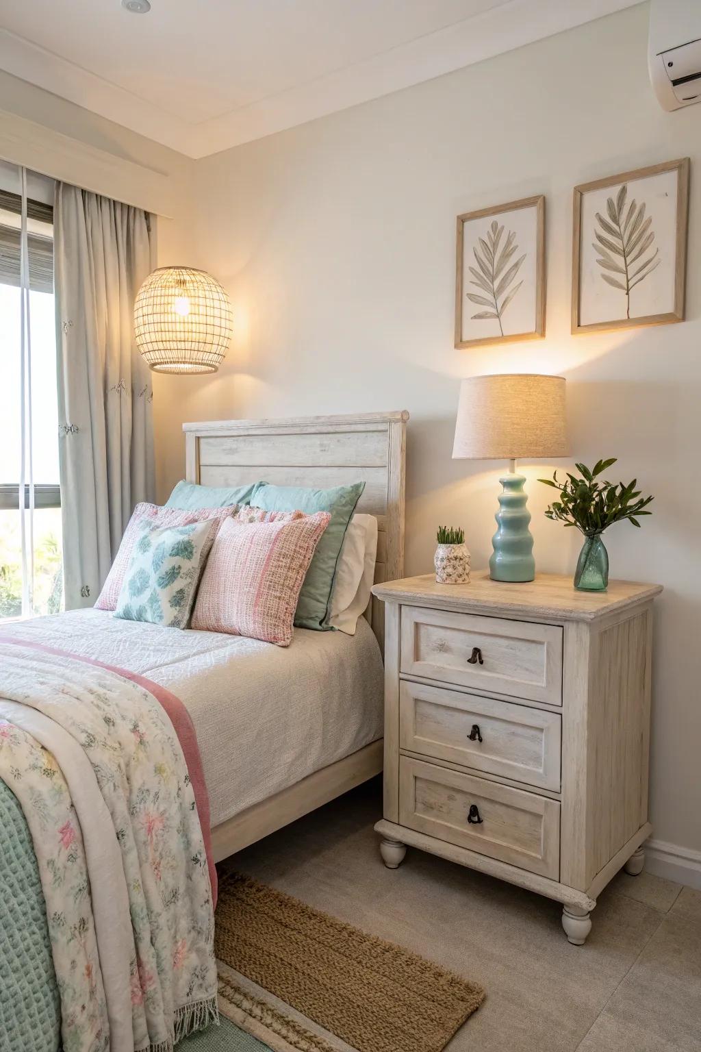 A light-colored nightstand contributing to an airy and serene bedroom atmosphere.