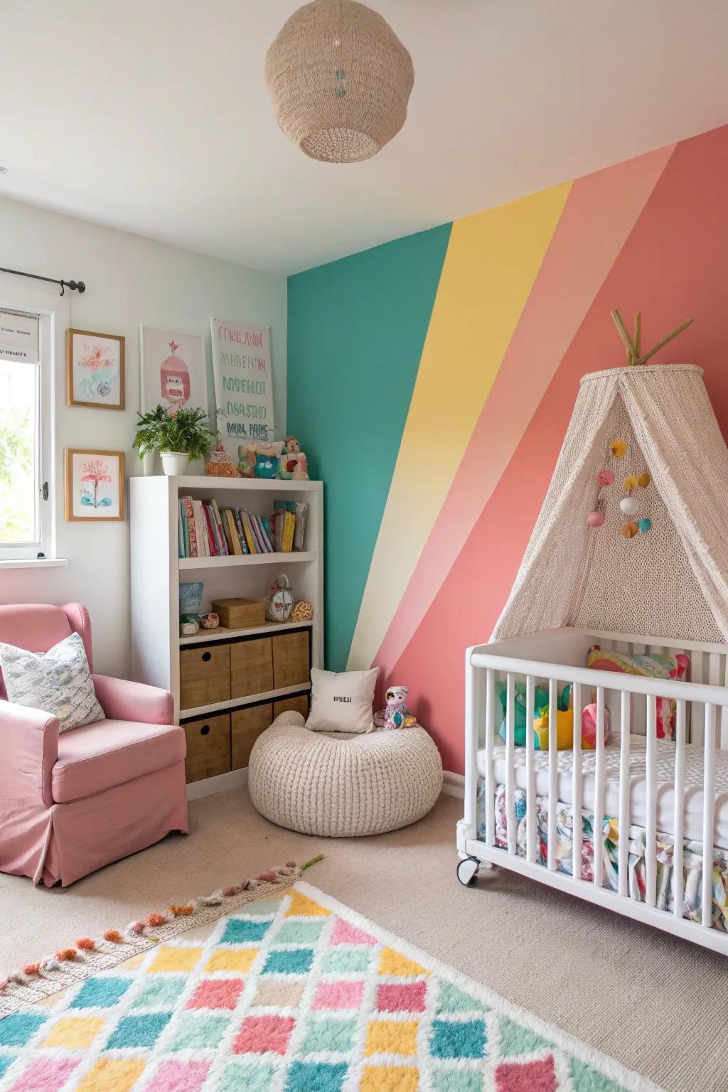 A bold nursery with a color block accent wall introducing vibrant hues.