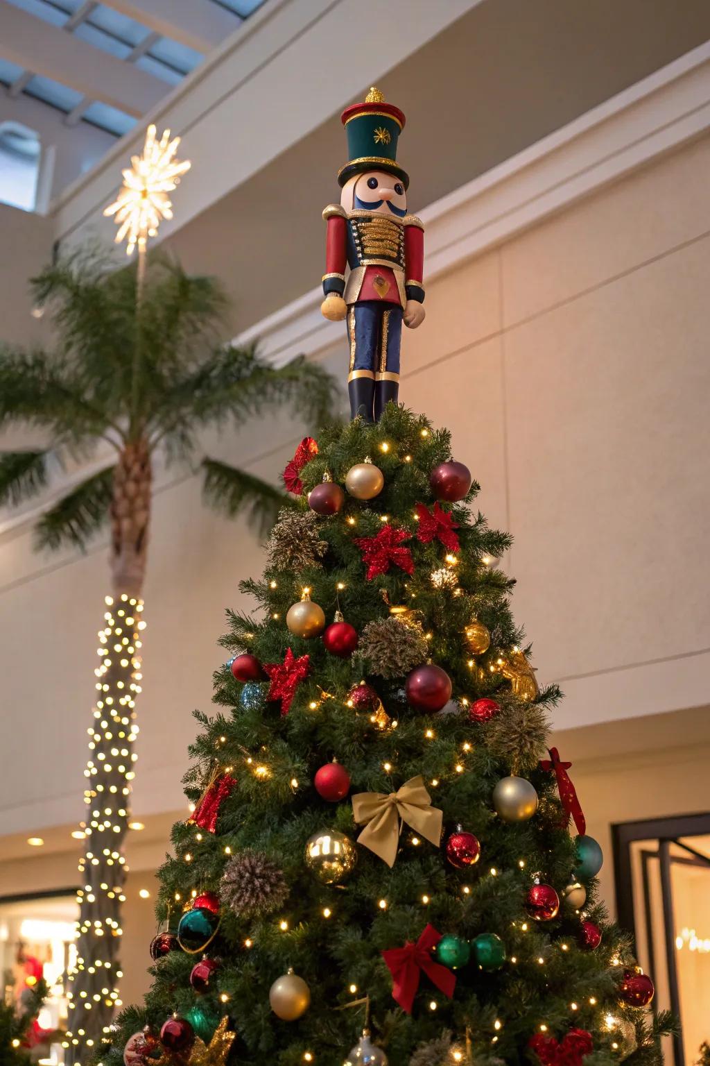 A nutcracker tree topper adds a unique twist to your Christmas tree.