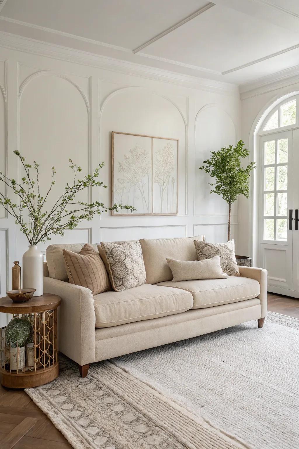 Modern minimalism brings clarity and calm to an oatmeal sofa setting.