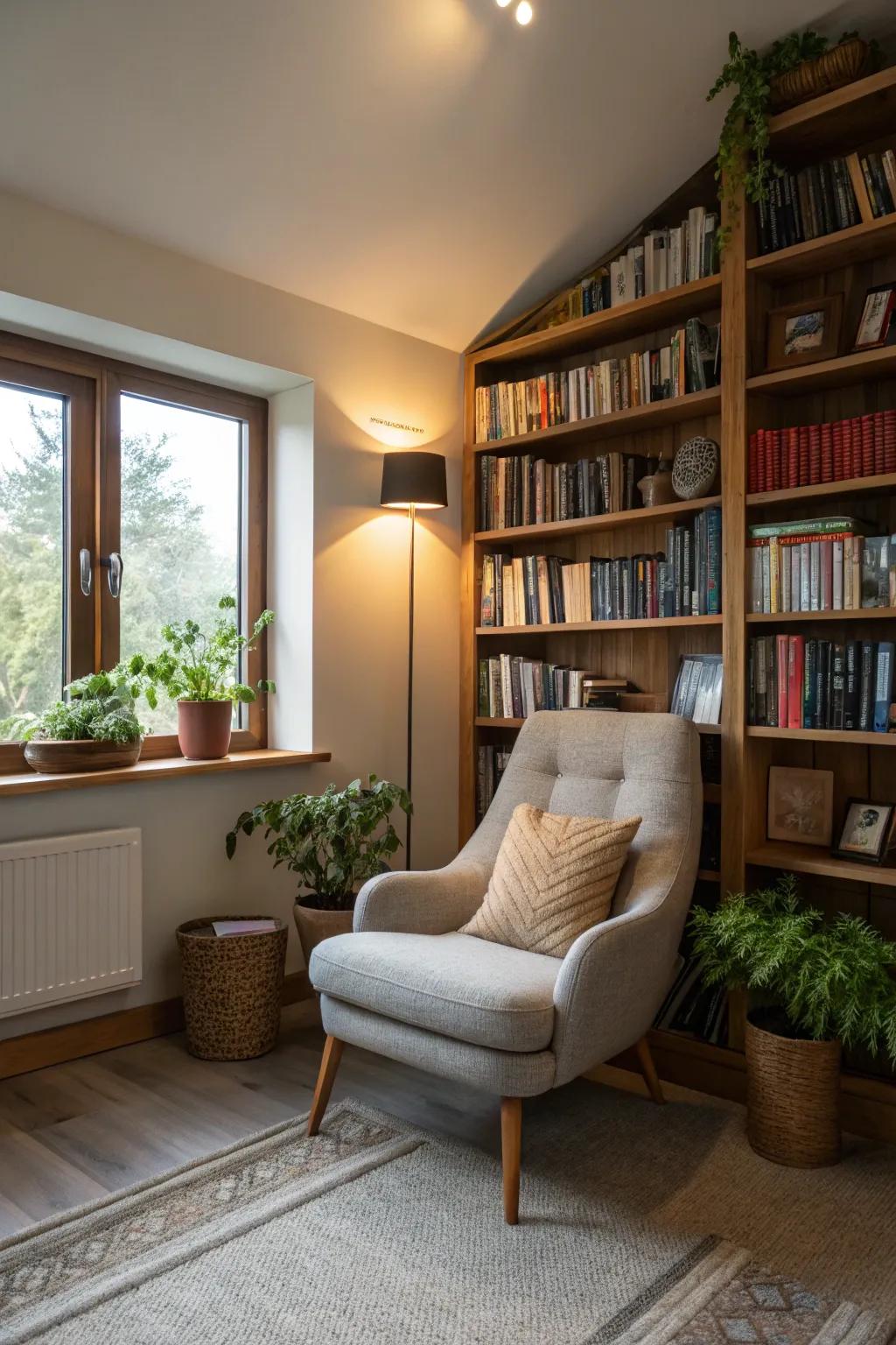 A reading area provides a peaceful retreat.