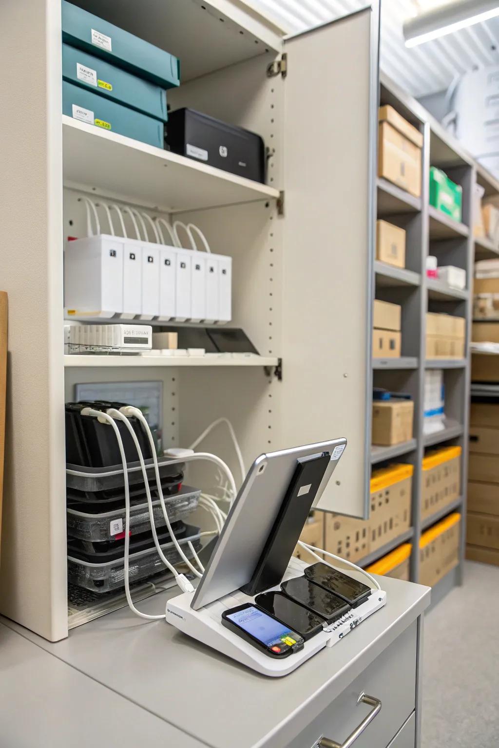 A charging station keeps devices ready and reduces desk clutter.