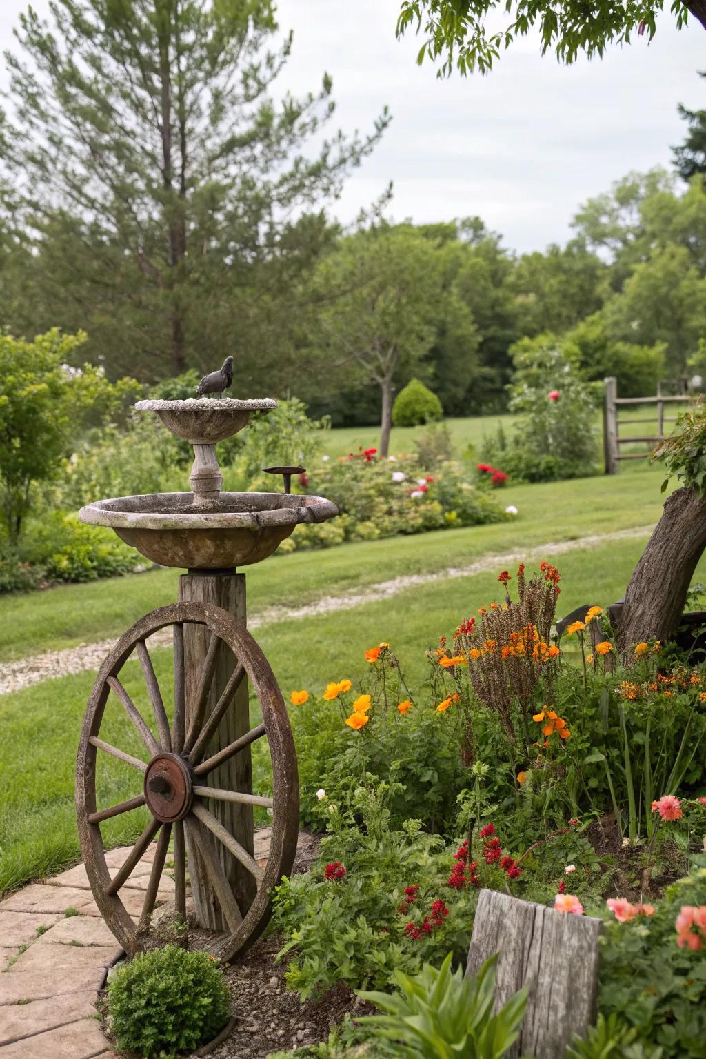 A wagon wheel bird bath stand attracts local wildlife.