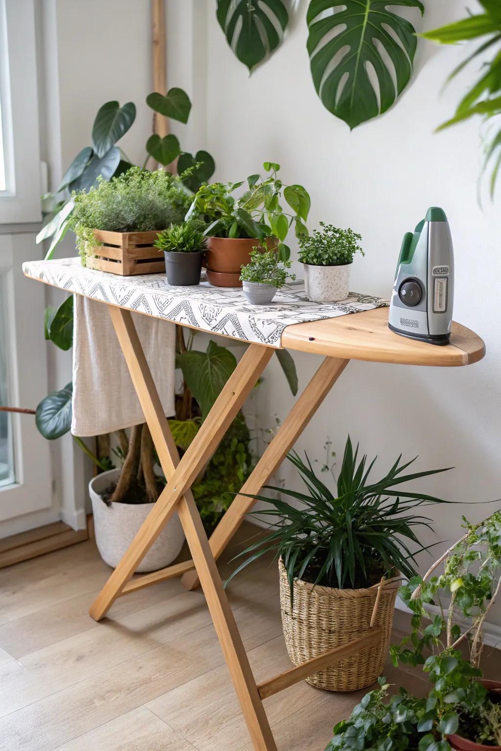 Showcase your plants with an elevated planter stand made from an ironing board.