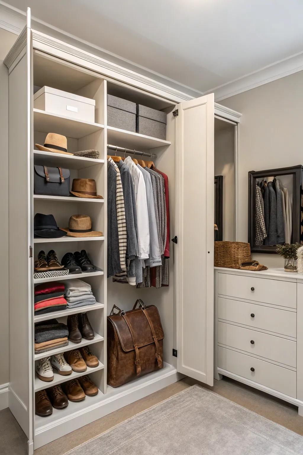 Open and closed storage solutions harmonizing in an open closet.