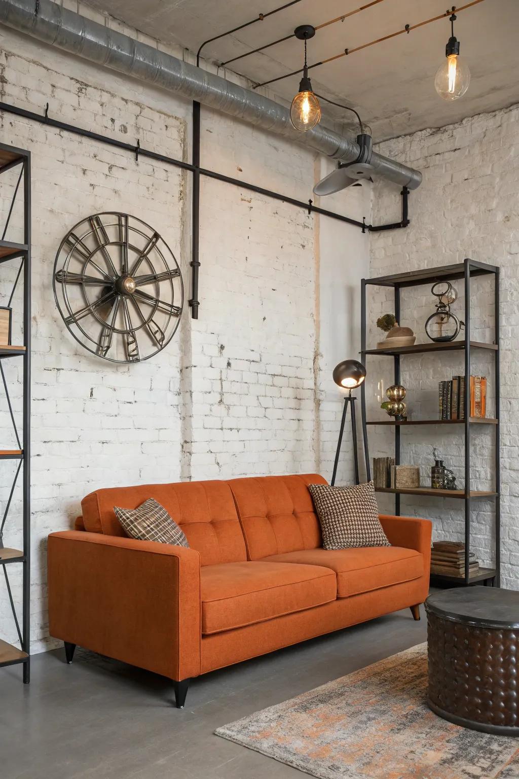 An edgy industrial living room where an orange couch adds a pop of color.