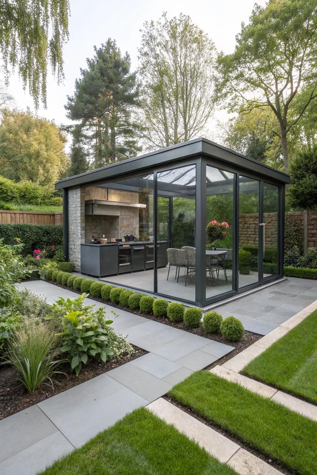 A contemporary glass pavilion combining style and functionality for outdoor cooking.