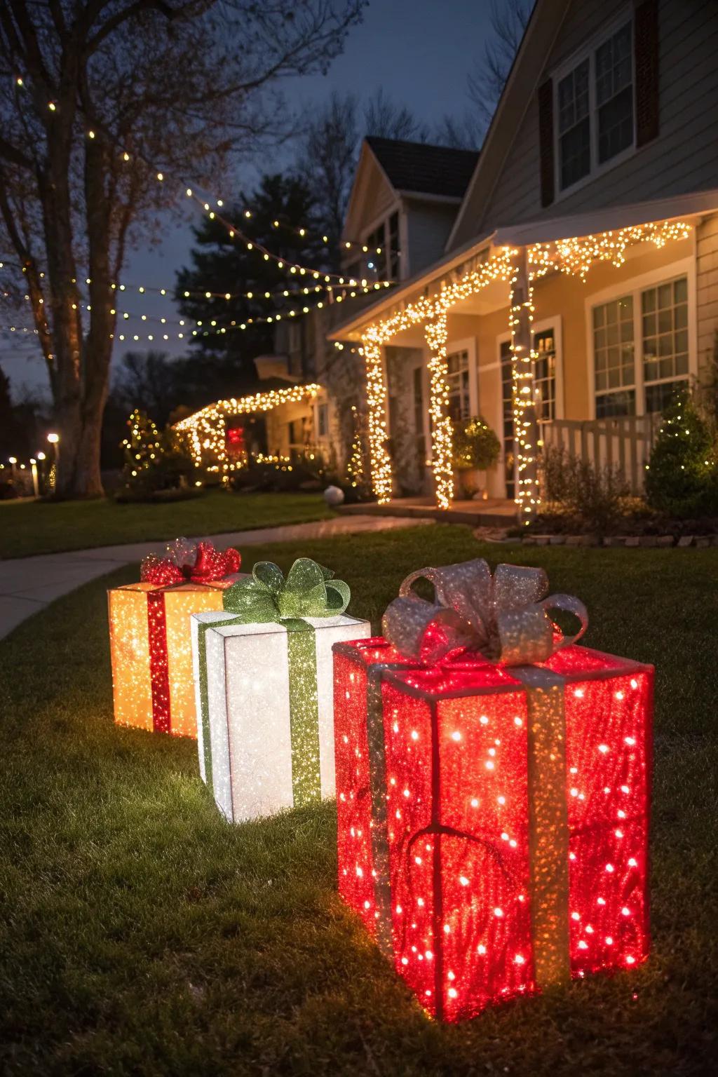 Giant lighted gift boxes on the lawn make a bold and festive statement.