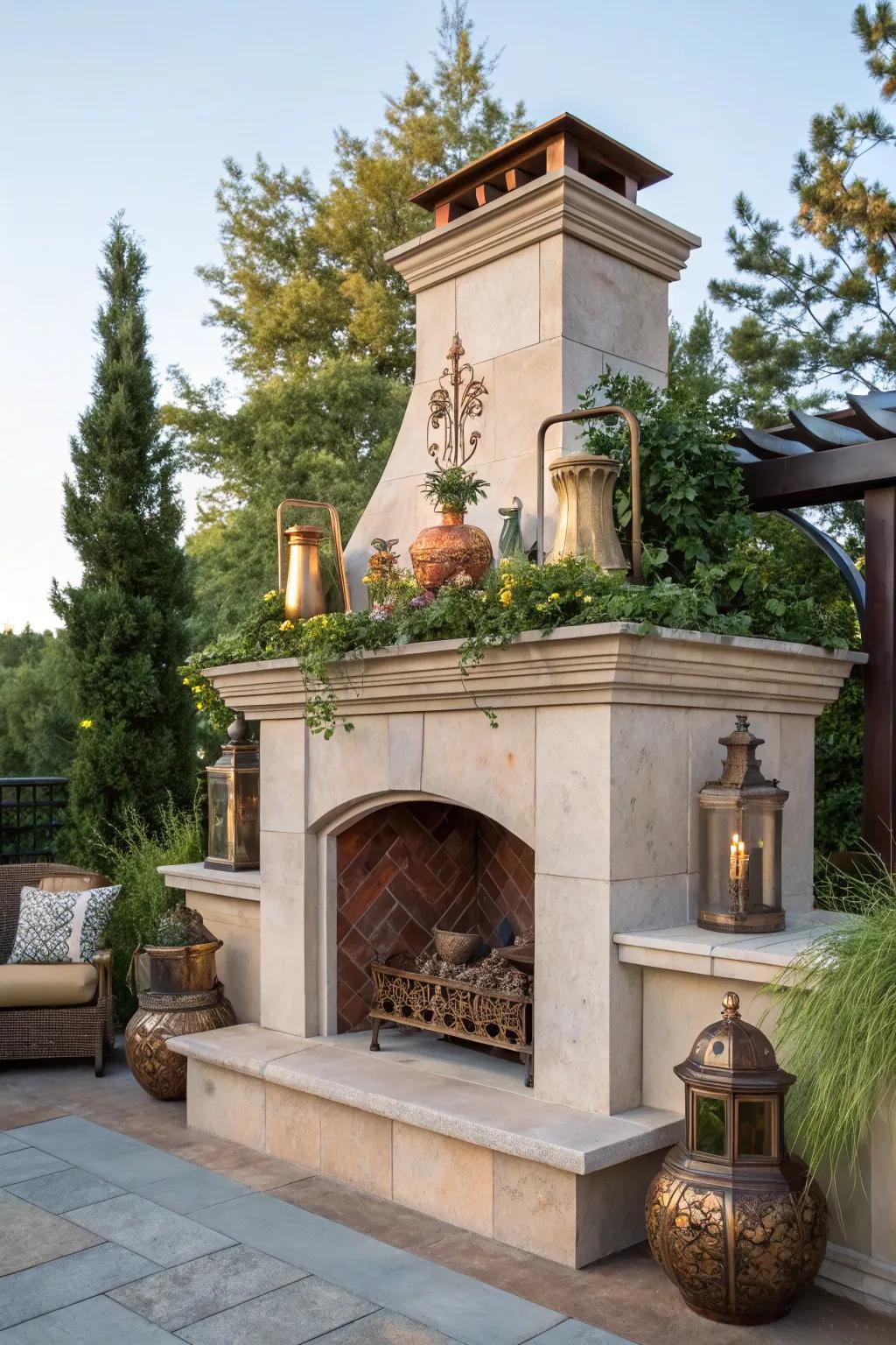 A chic mix of metallic elements shining on the mantel.