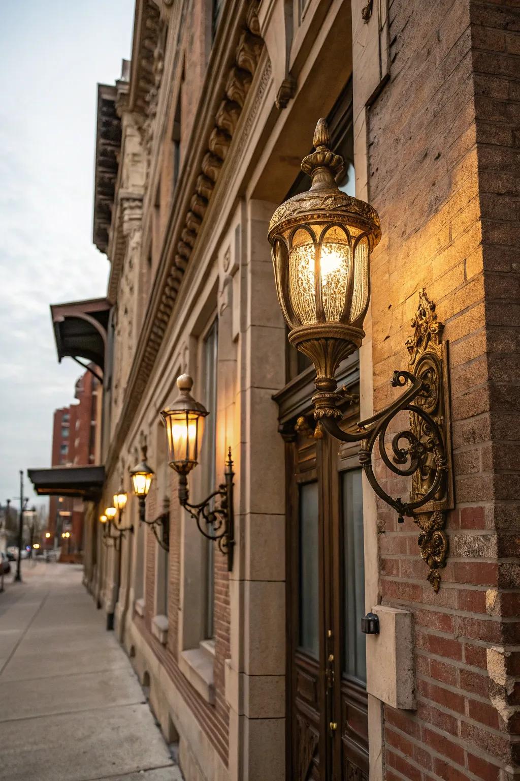 Vintage brass sconces add historic appeal.