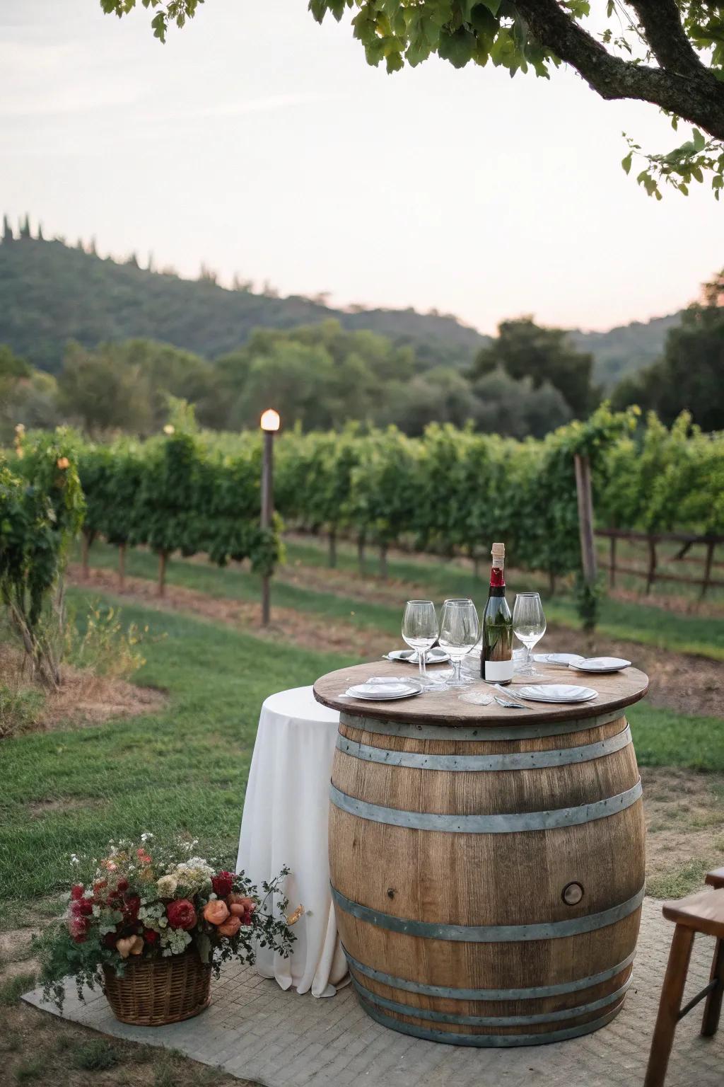 A rustic wine barrel tabletop that brings vineyard charm to your patio.