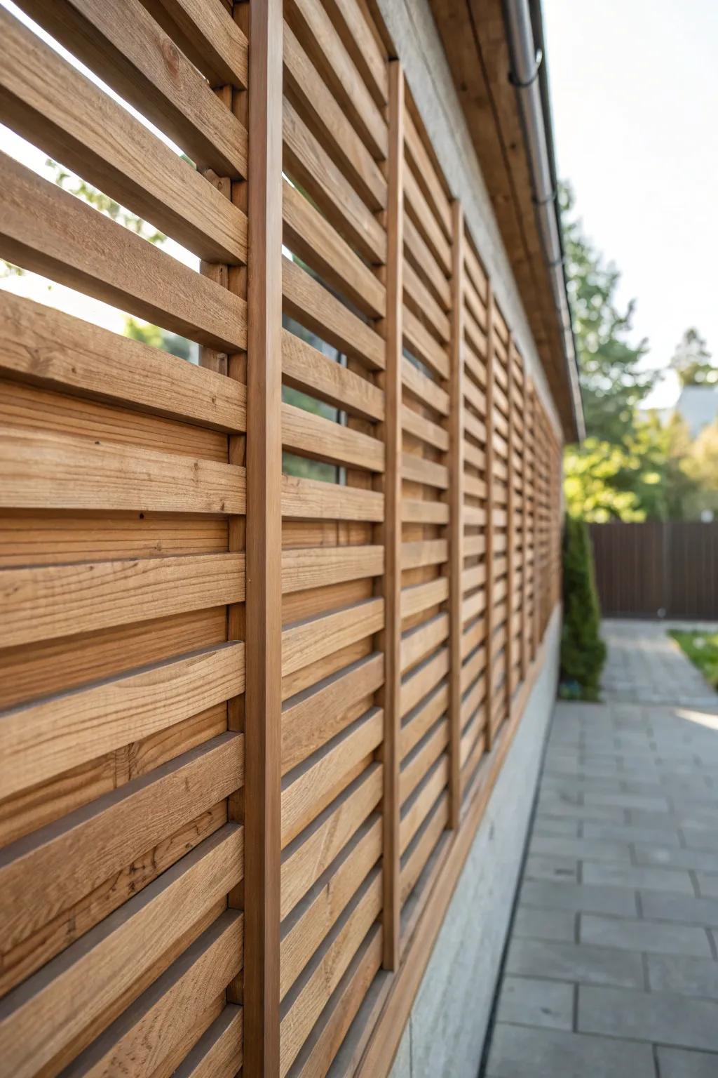 Wooden privacy slats offer a modern solution for seclusion.