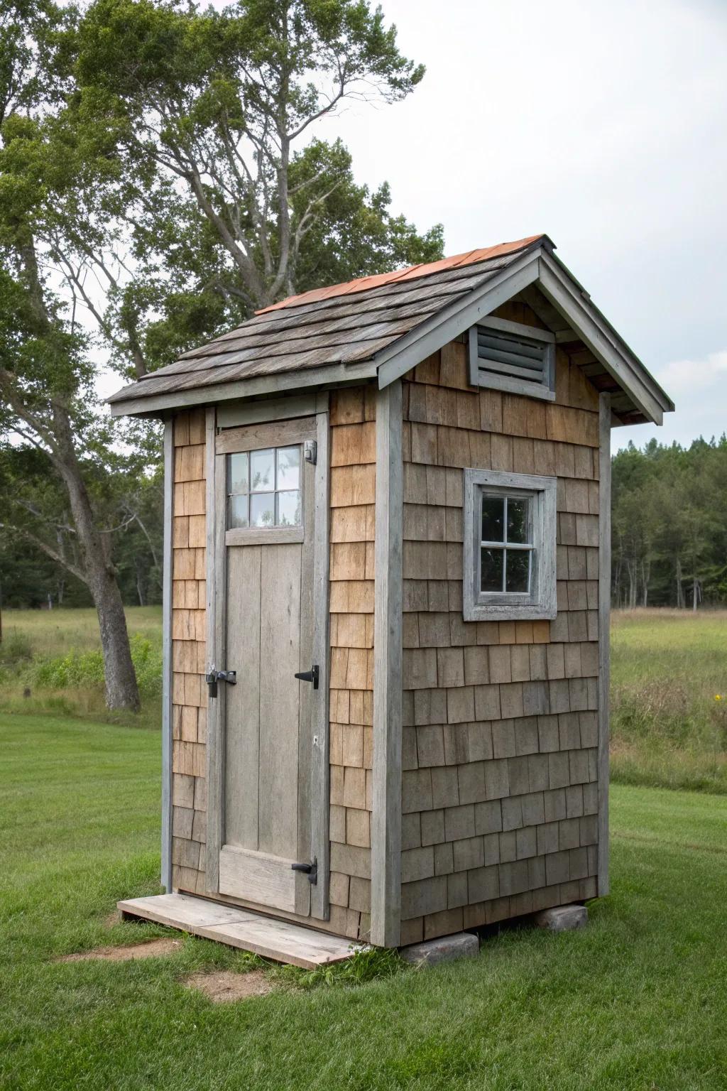 Weatherproofing ensures this outhouse bathroom is built to last.