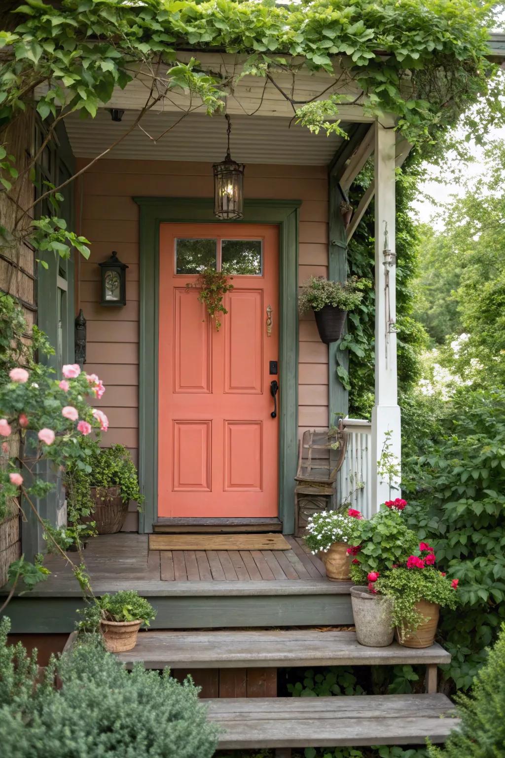 A colorful door adds a cheerful and welcoming touch to this entrance.