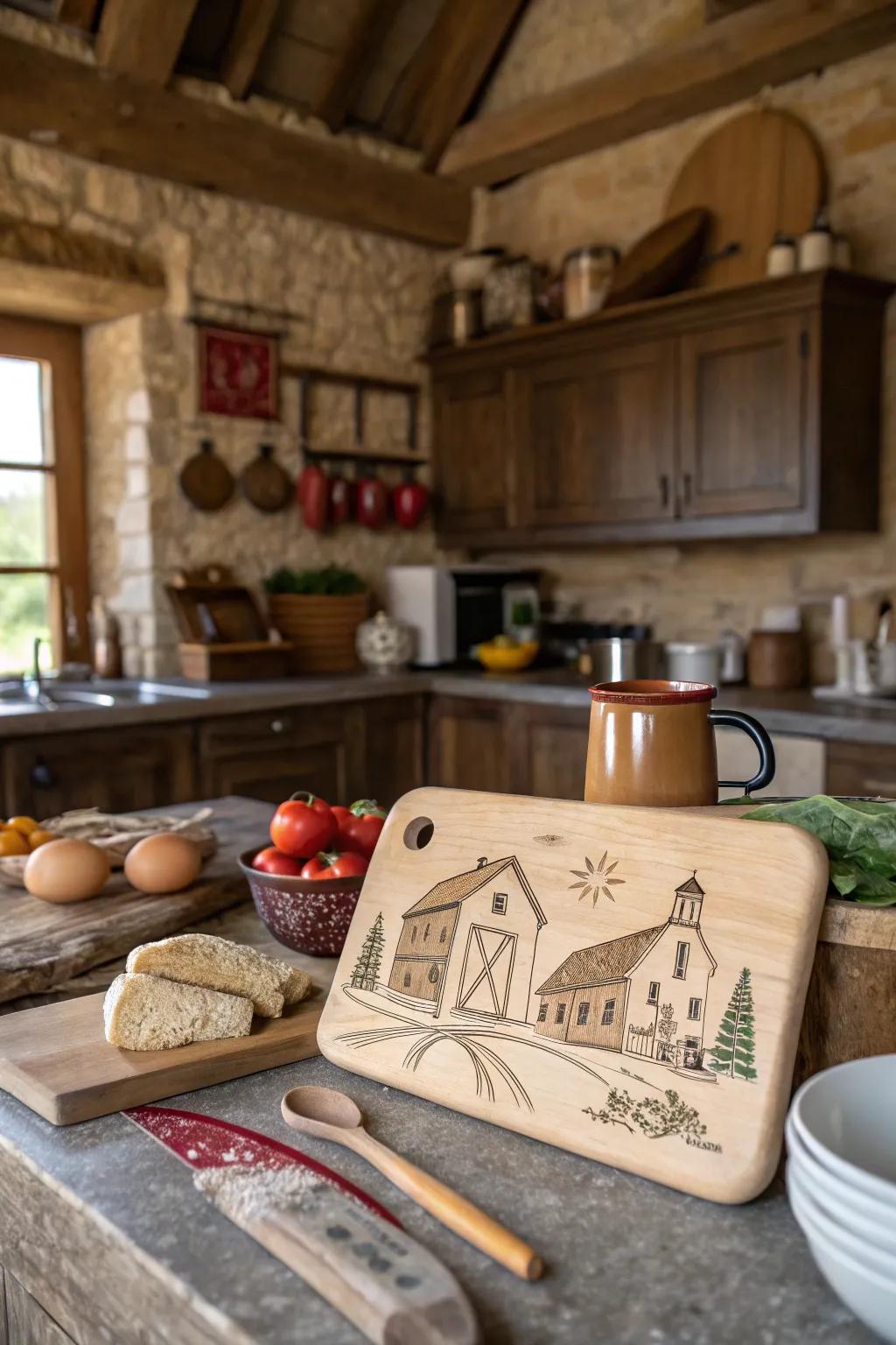 A cutting board featuring charming farmhouse style designs, perfect for rustic kitchens.