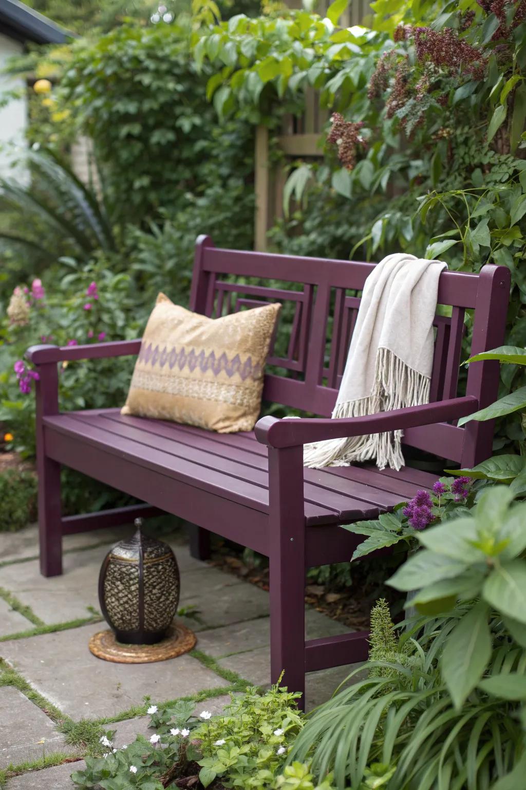Embrace the allure of deep plum hues with this stunning outdoor bench, perfect for adding a touch of mystery to your garden oasis.