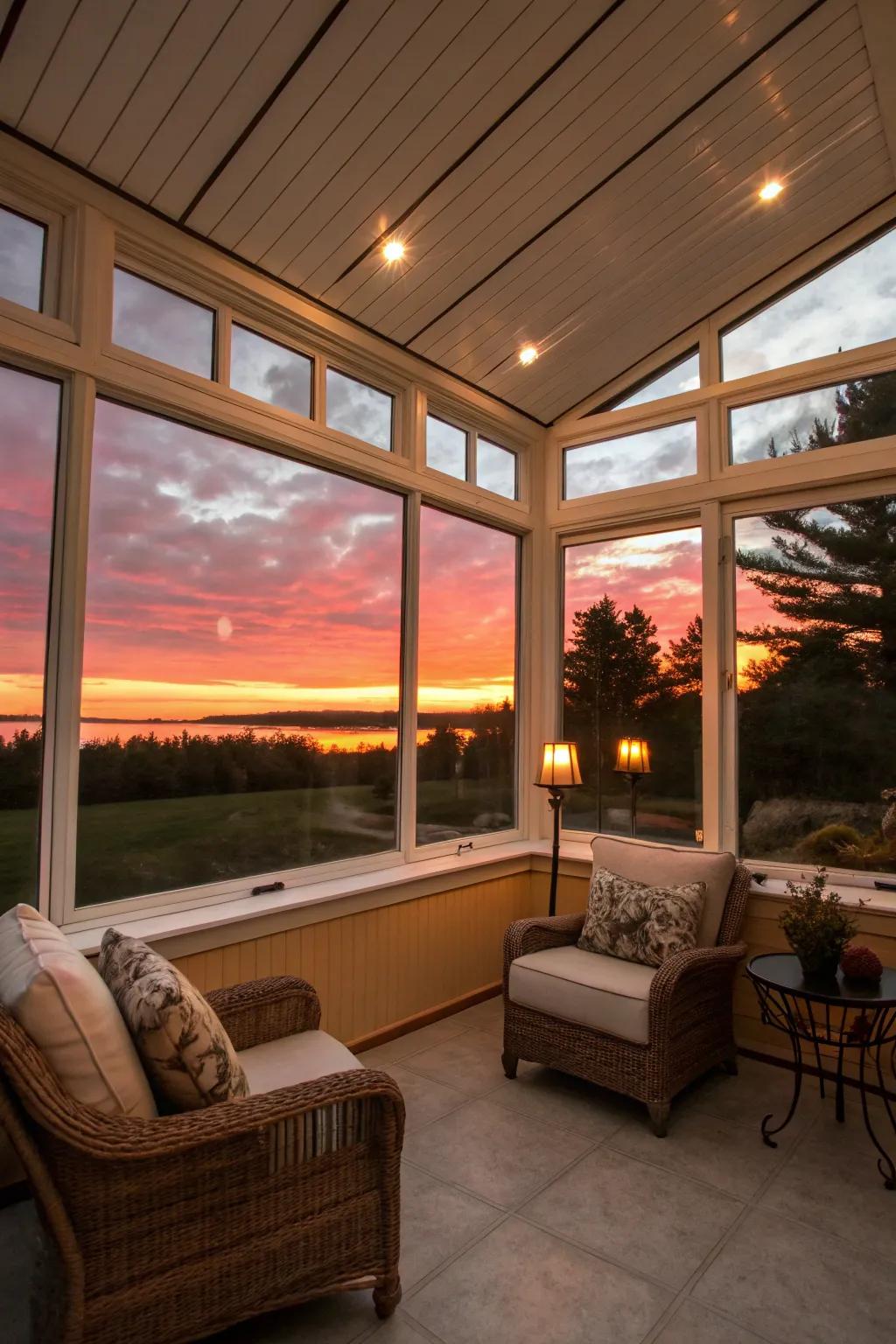 Sunset colors create a warm, cozy atmosphere.